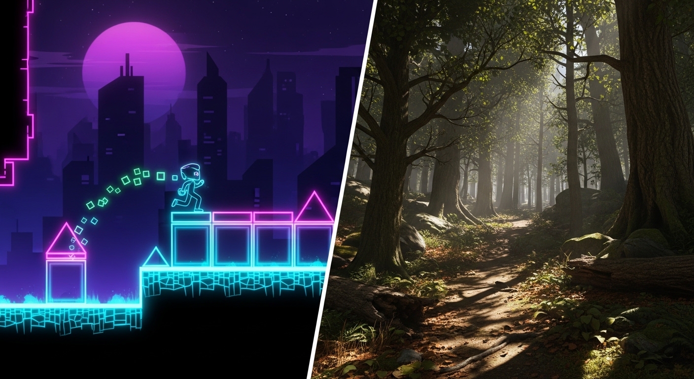A visual comparison of 2D and 3D games showing different art styles and perspectives